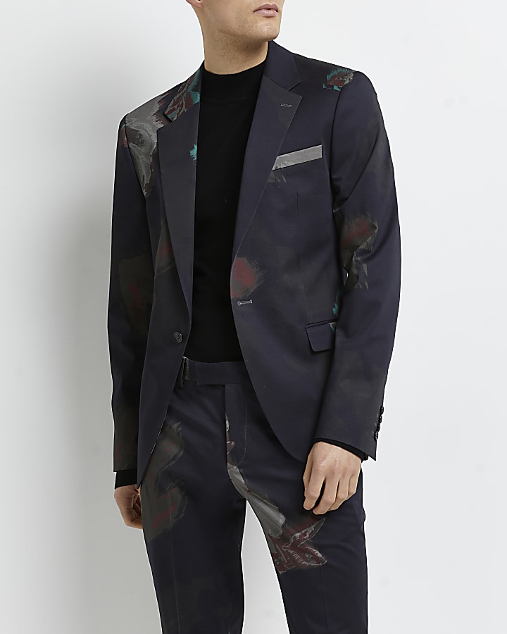 Navy skinny fit floral printed suit jacket