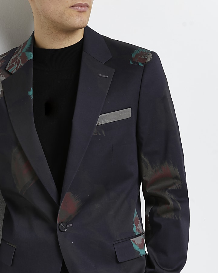 Navy skinny fit floral printed suit jacket