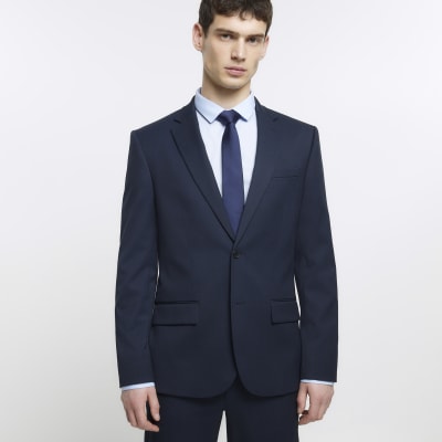 Navy skinny fit herringbone suit jacket | River Island