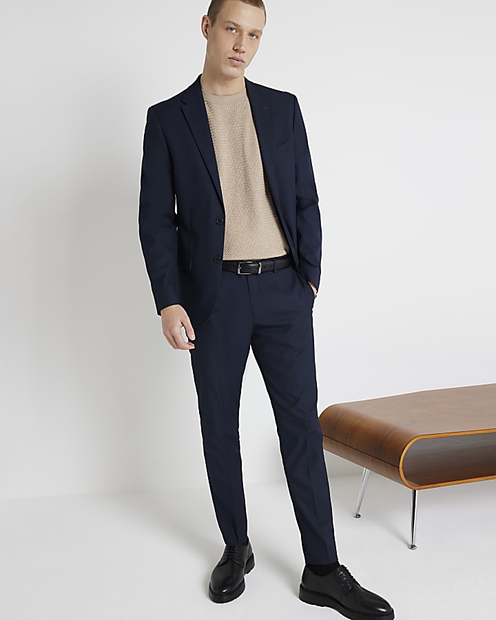Navy skinny fit twill suit trousers