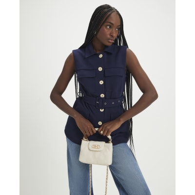 Navy Sleeveless Belted Utility Waistcoat