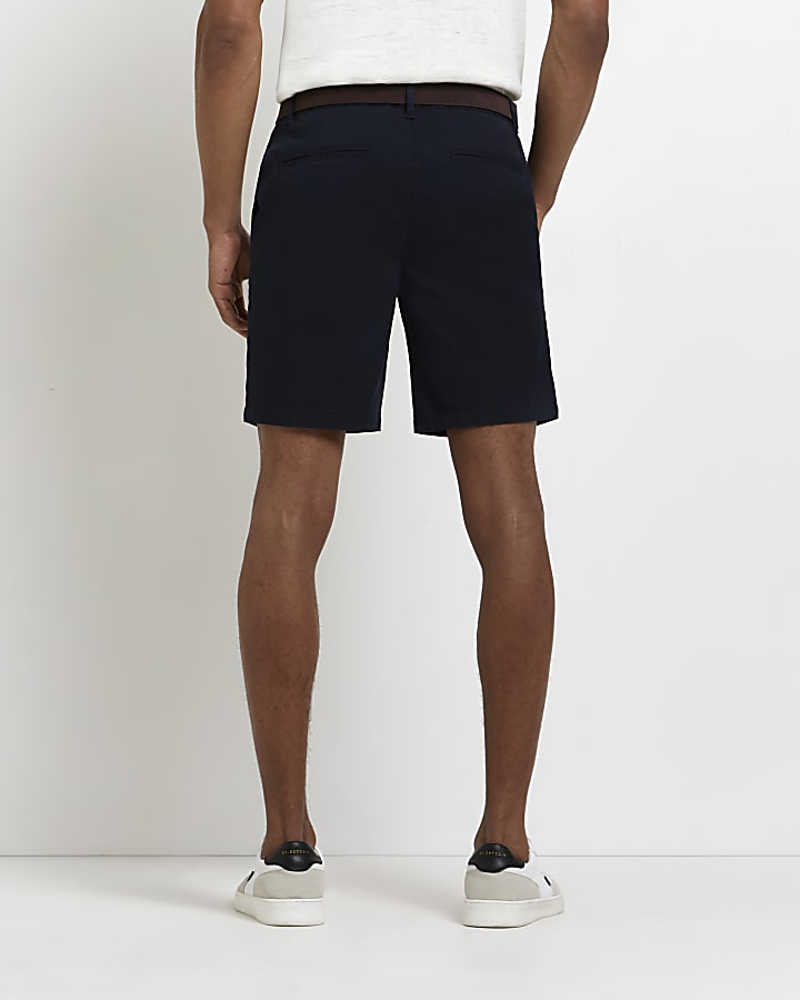 Navy slim fit belted chino shorts