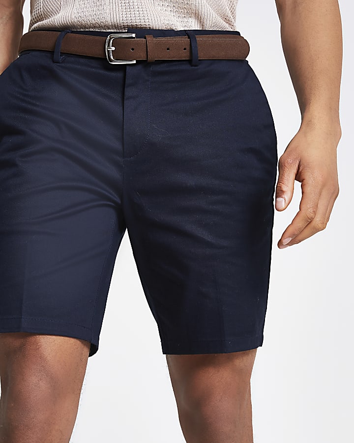 Navy slim fit belted shorts