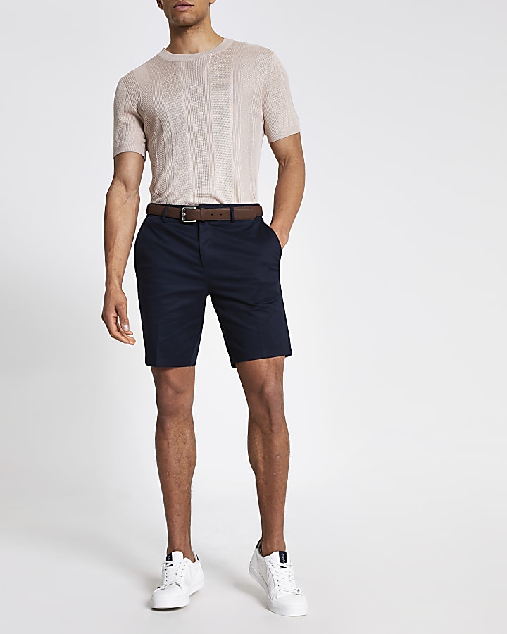 Navy slim fit belted shorts