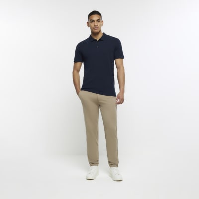 Navy slim fit buttoned polo shirt River Island