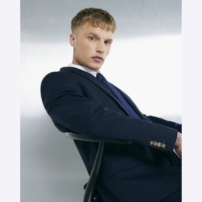 Navy Slim Fit Check Suit Jacket