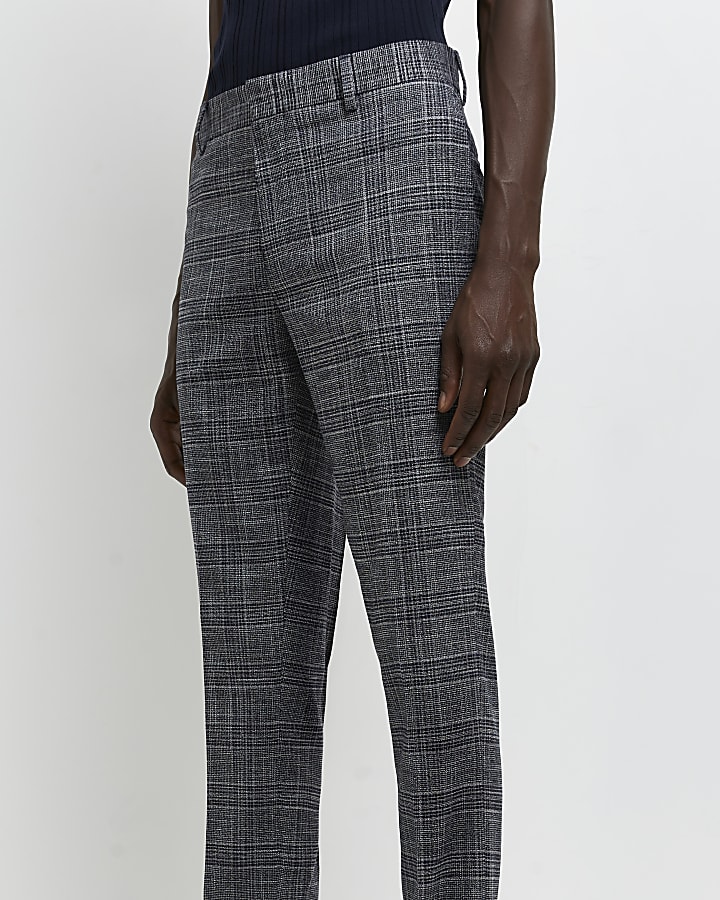 Navy slim fit check suit trousers