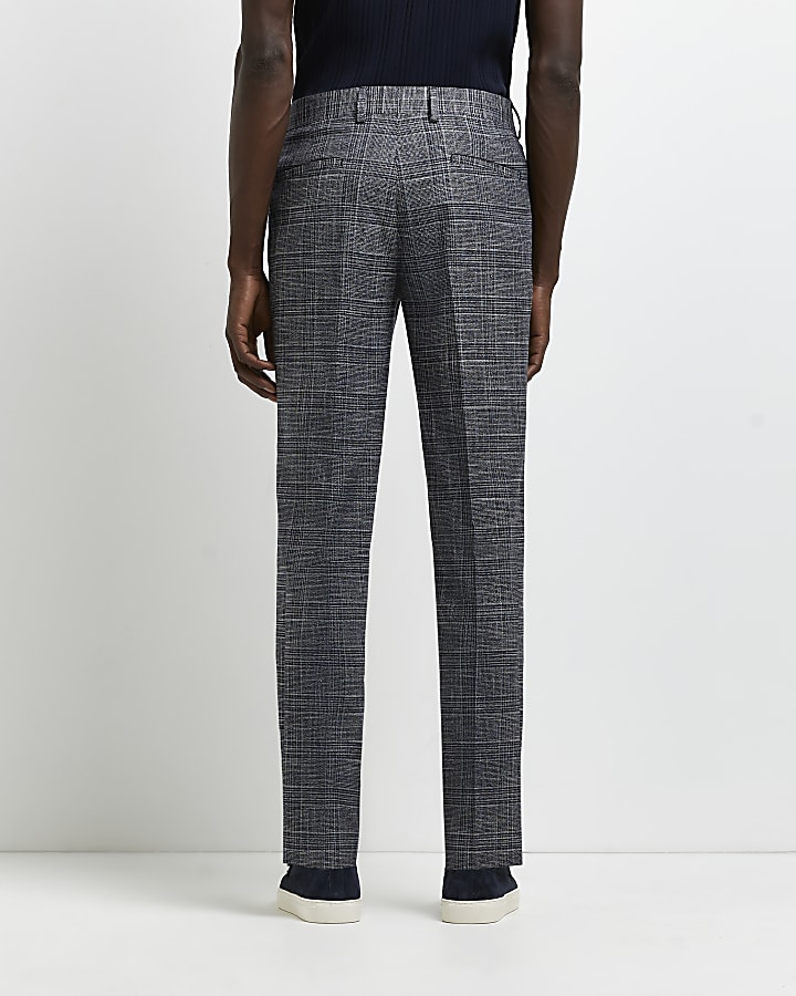 Navy slim fit check suit trousers
