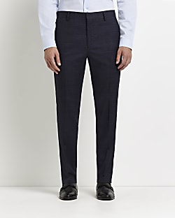 Navy slim fit check trousers