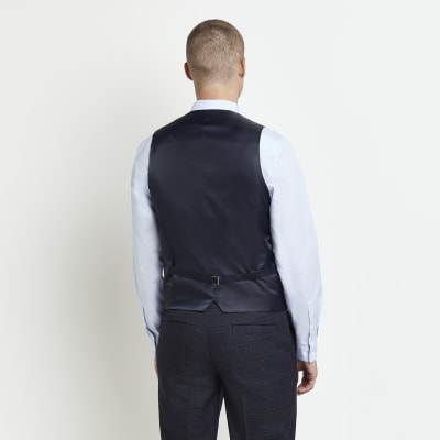 Navy slim fit check waistcoat