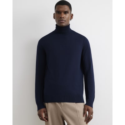 Navy Slim Fit Cotton Roll Neck Jumper