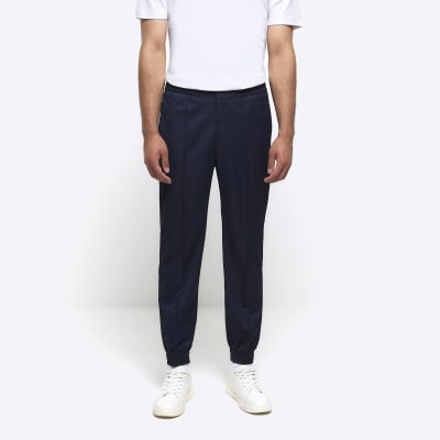 Navy slim fit cuffed smart joggers River Island