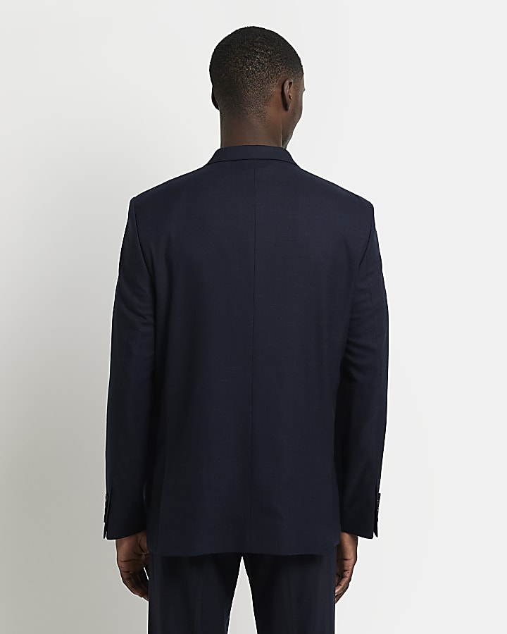 Navy Slim fit double breasted Textured Blazer