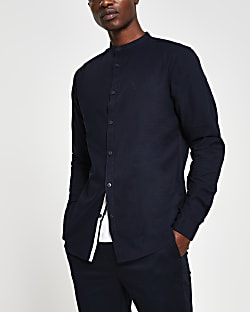Navy slim fit Grandad Collar Oxford shirt