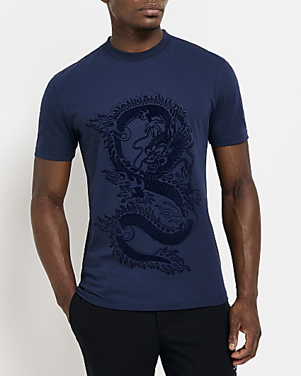 Navy slim fit graphic dragon t-shirt