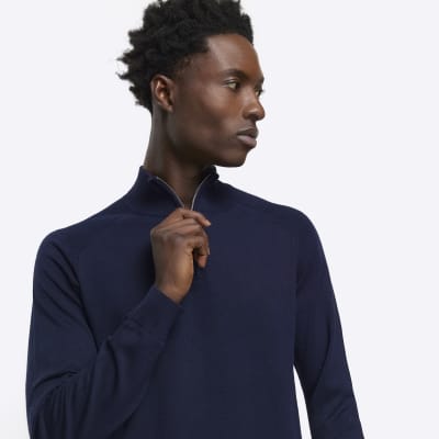 Navy slim fit half zip jumper River Island