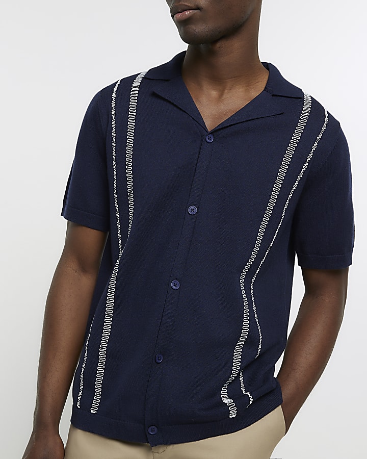 Navy slim fit knitted embroidered shirt