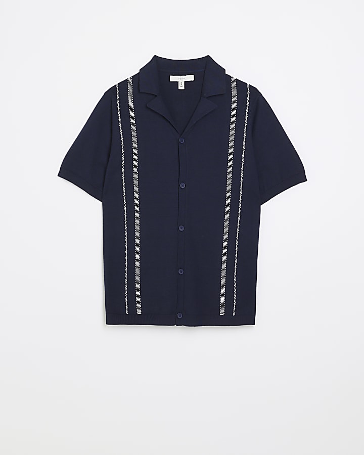 Navy slim fit knitted embroidered shirt