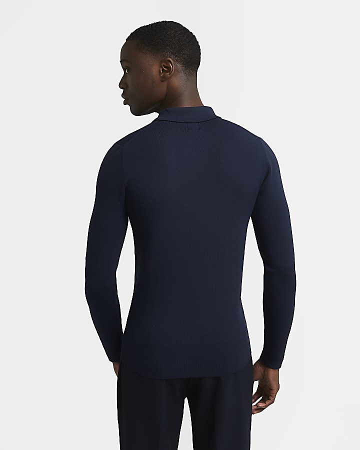 Navy slim fit knitted long sleeve polo shirt