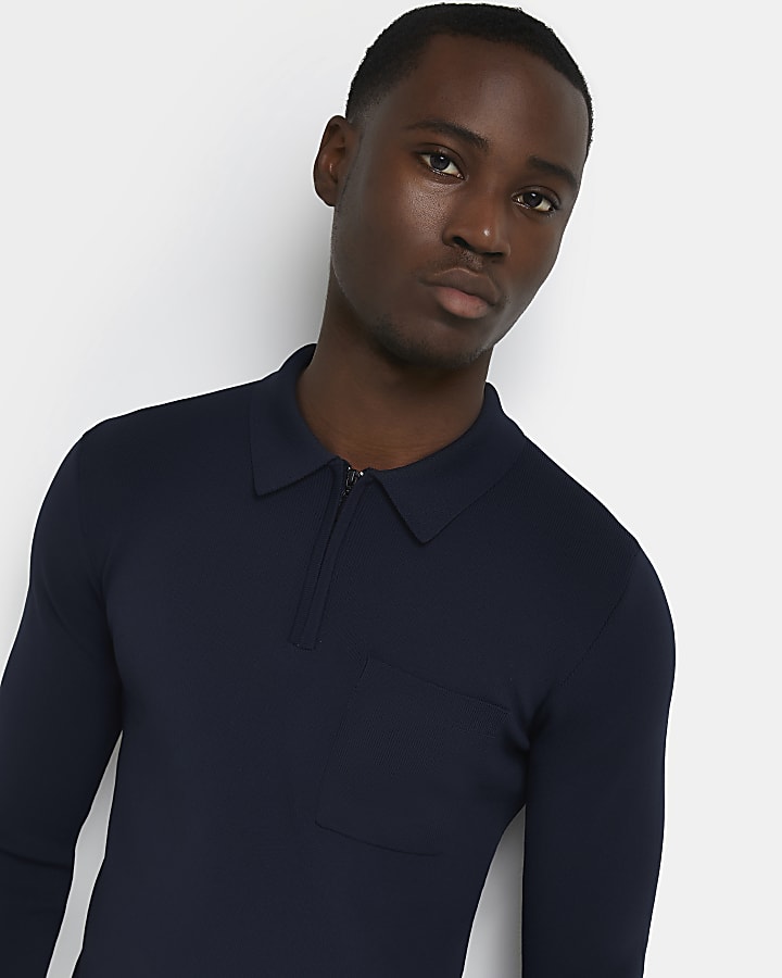 Navy slim fit knitted long sleeve polo shirt