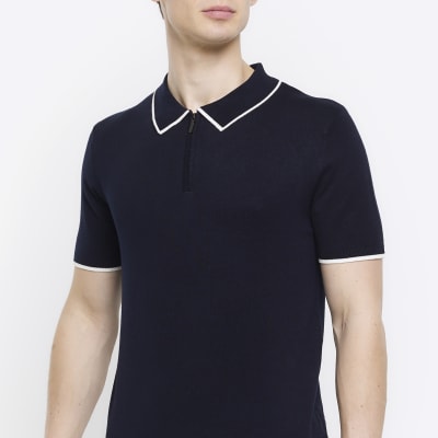 Navy Slim fit knitted Polo shirt | River Island