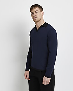Navy slim fit knitted polo shirt