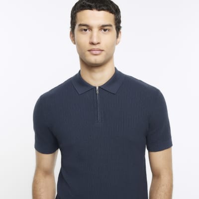 Navy slim fit knitted short sleeve polo | River Island