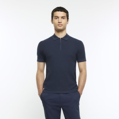 Navy slim fit knitted short sleeve polo | River Island