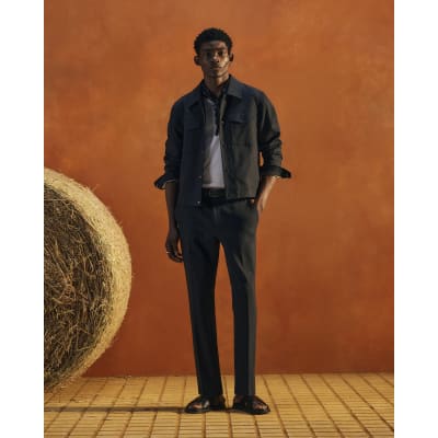 Navy Slim Fit Linen Blend Trousers