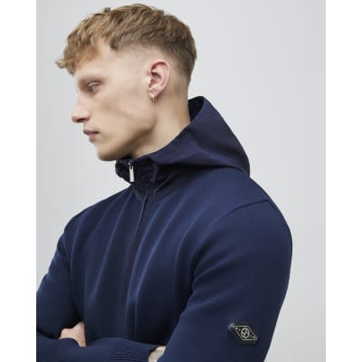 Navy Slim Fit Nylon Zip Knitted Hoodie