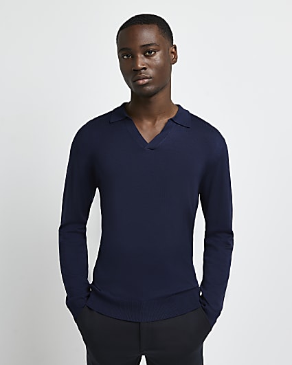 Navy slim fit open neck knitted polo shirt