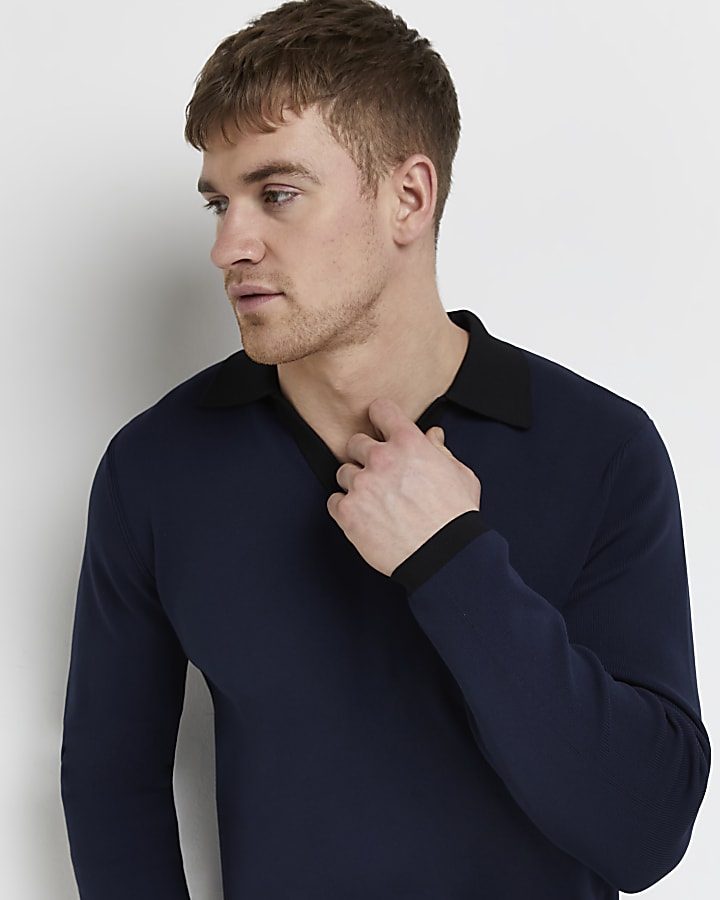 Navy slim fit open neck polo shirt