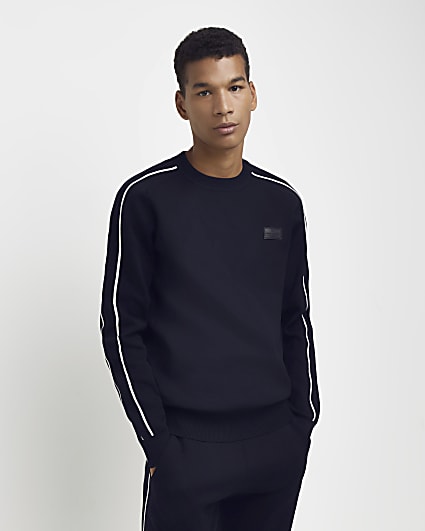 Navy slim fit piping detail knit jumper