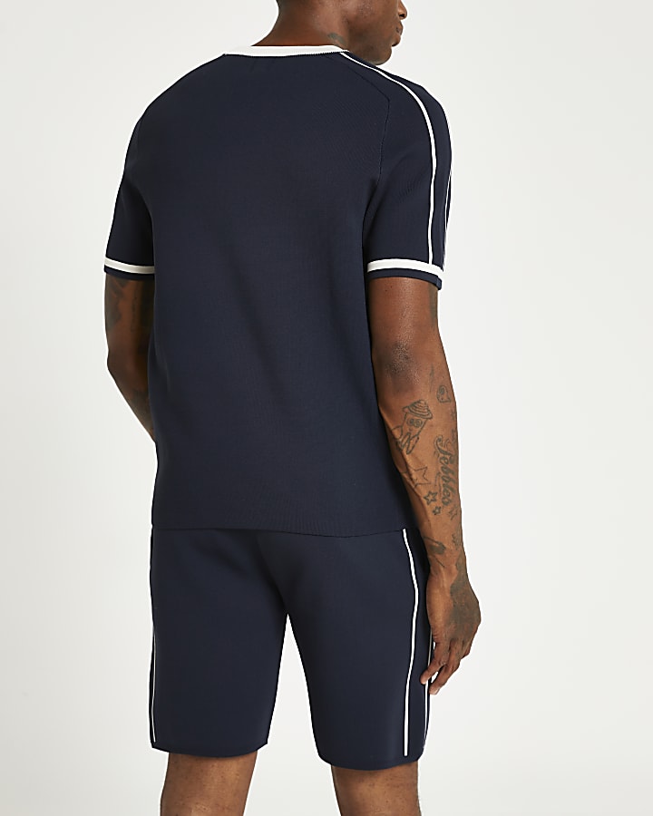 Navy slim fit piping detail knitted t-shirt