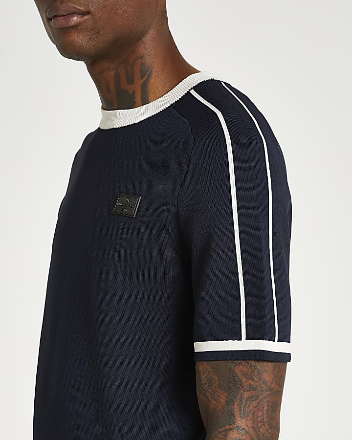 Navy slim fit piping detail knitted t-shirt