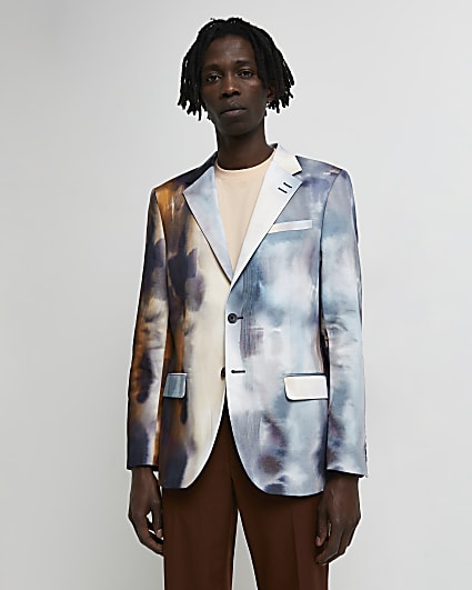 Navy slim fit print suit jacket