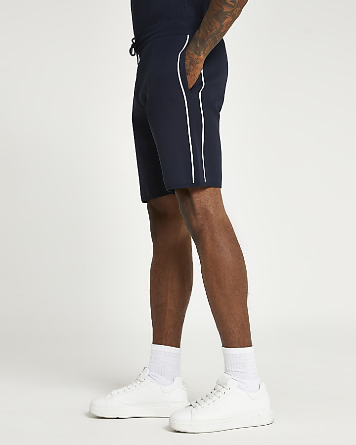 Navy slim fit side piped shorts