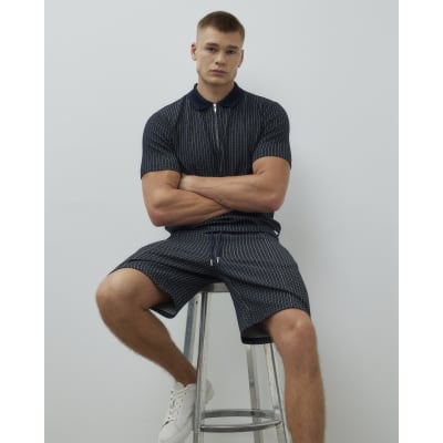 Navy Slim Fit Stitched Stripe Polo Shirt