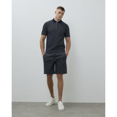 Navy Slim Fit Stitched Stripe Shorts