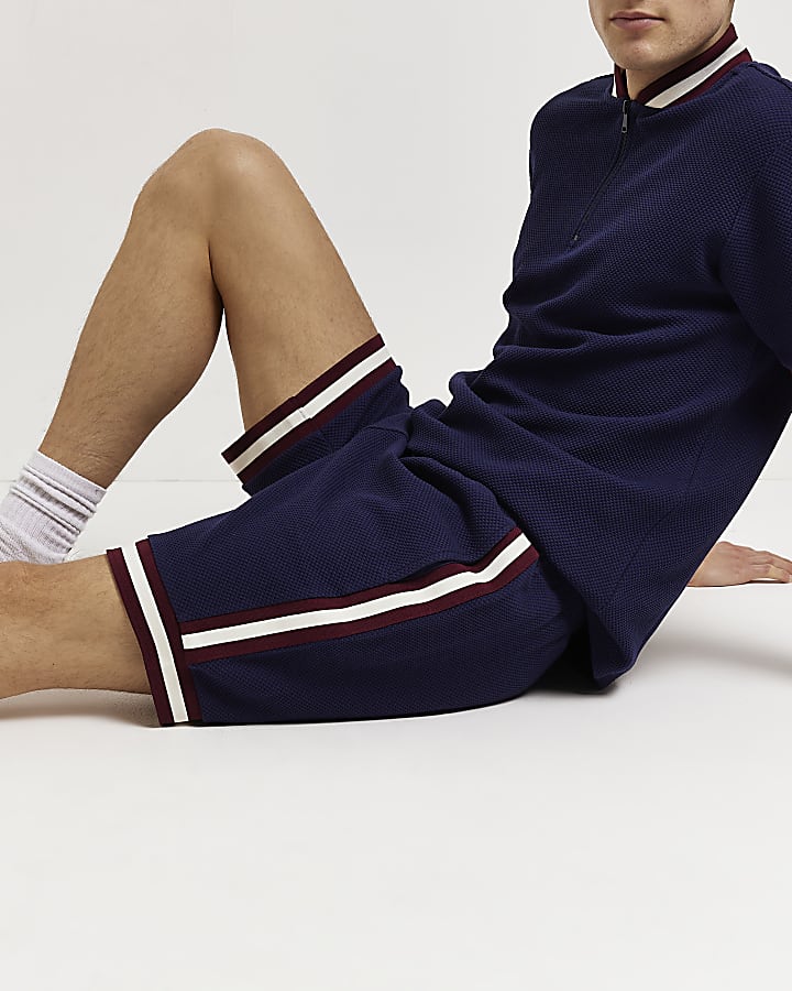 Navy Slim fit stripe Textured Shorts