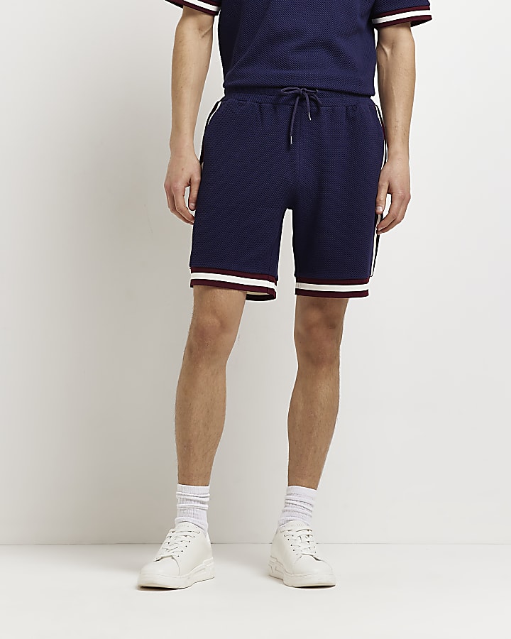 undefined | Navy Slim fit stripe Textured Shorts