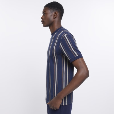 Navy slim fit striped t-shirt | River Island