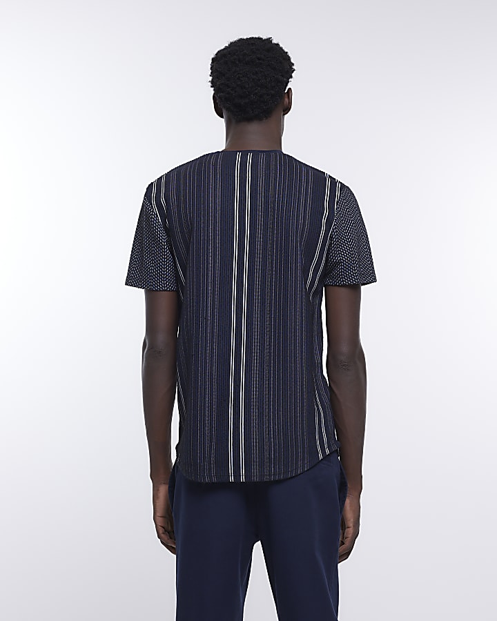 Navy slim fit striped textured t-shirt