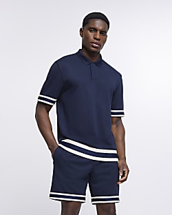 Navy slim fit taped polo shirt