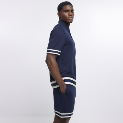 Navy slim fit taped shorts
