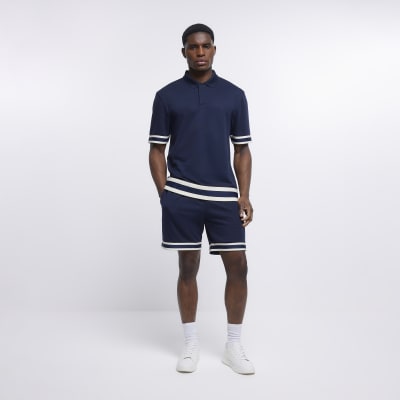 Navy slim fit taped shorts