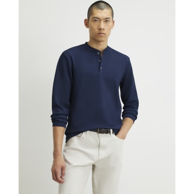 Navy Slim Fit Textured Henley Top