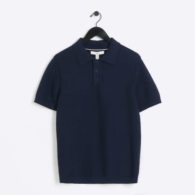 Navy slim fit textured knit polo | River Island