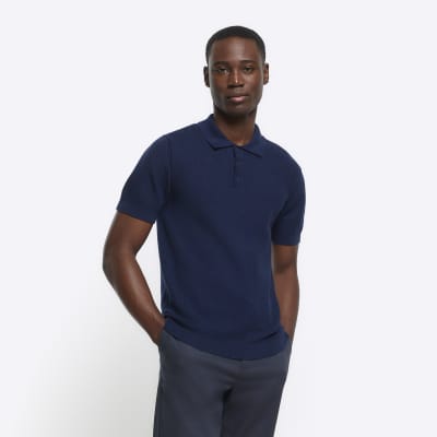 Navy slim fit textured knit polo | River Island