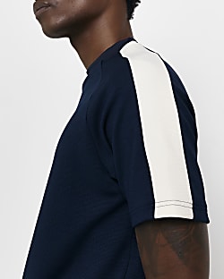 Navy Slim fit textured side stripe T-shirt